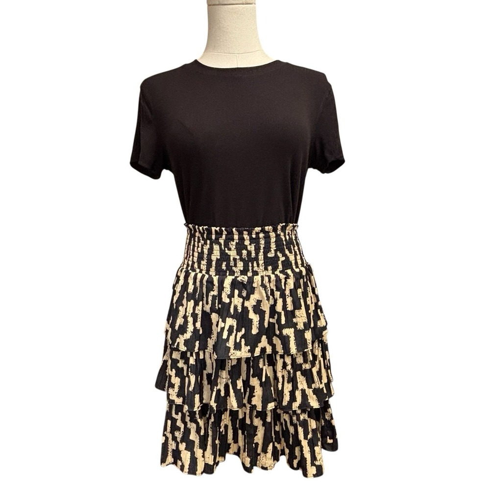 Anthropologie Skirt Women Sz S Tiered Ruffle Trim Smocked Waist Lined Black